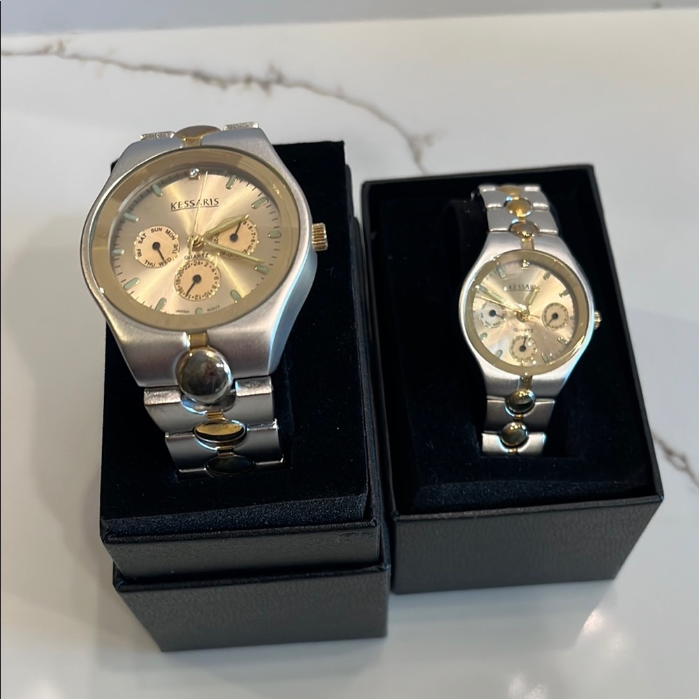 Kessaris His & Her Stainless Steel Quartz Watches. Date, Time& 24 Hour Sub